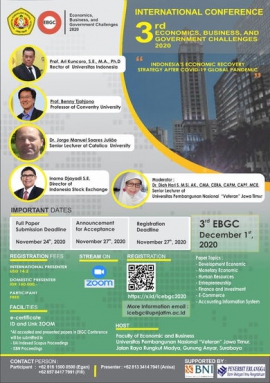 INTERNATIONAL CONFERENCE 3RD ECONOMICS, BUSINESS AND GOVERNMENT CHALLENGES 2020  INDONESIA&#039;S ECONOMIC RECOVERY STRATEGY AFTER COVID-19 GLOBAL PANDEMIC